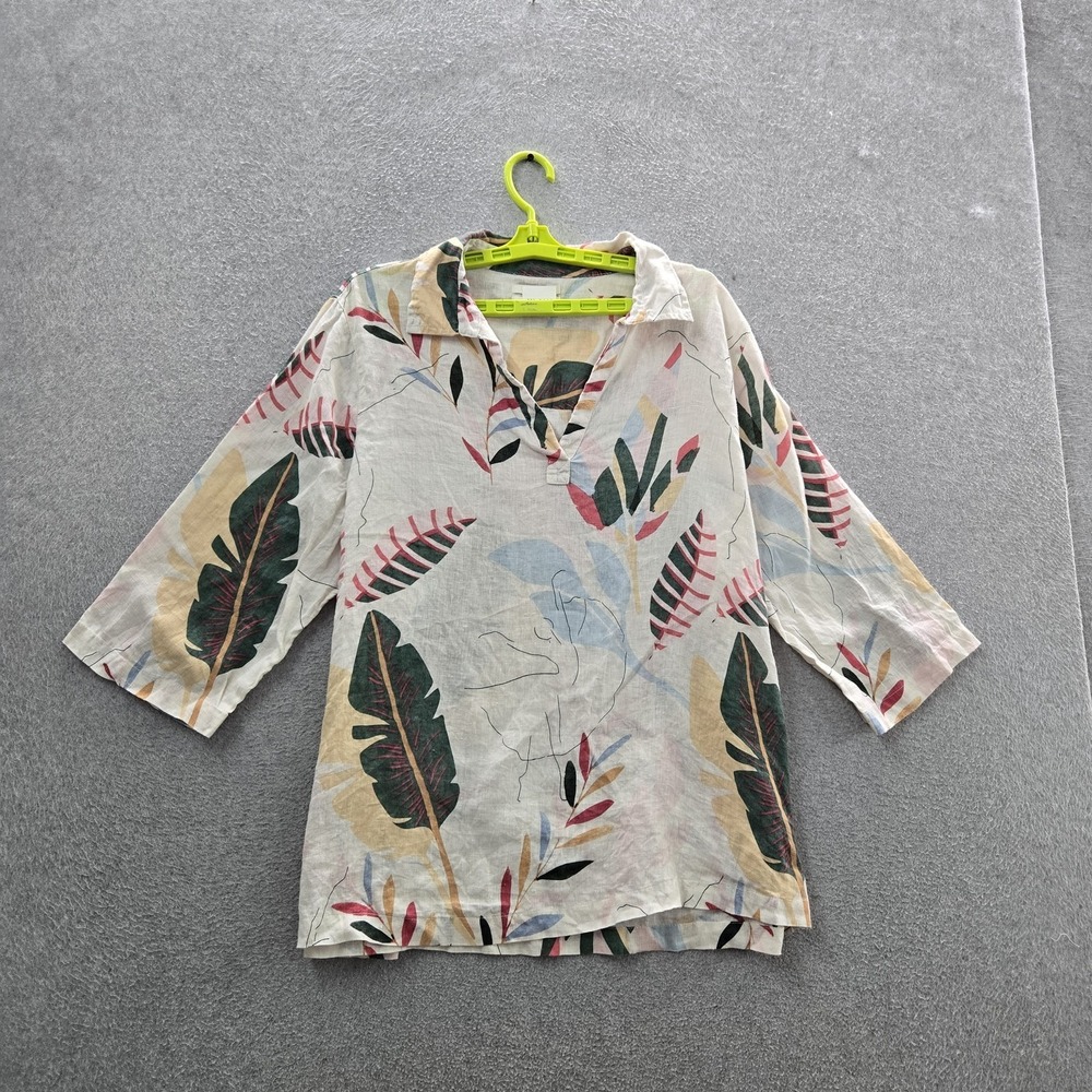 Cynthia Rowley Women Blouse 1X Cream Linen Floral Coastal Beachโ